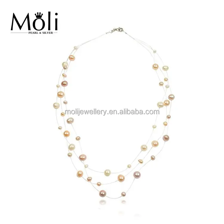 Bride Jewelry MultilayerFish Wire Pink White Color Cultured Freshwater Pearl Women Necklace