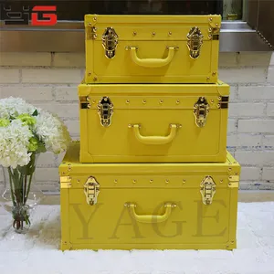 Decorative set of 3 yellow vintage faux leather wood classic suitcase