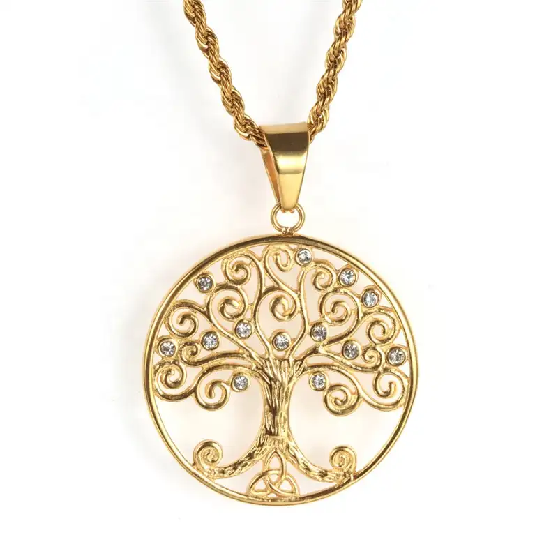 Hiphopメンズ18K Gold Stainless Steel Round Plate Crystal Life Tree Pendant Celtic Necklace Jewelry