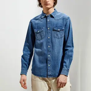 Oversized Custom faded men denim wash jeans casual shirt long sleeve button down men dress slim fit shirt design 100% cotton