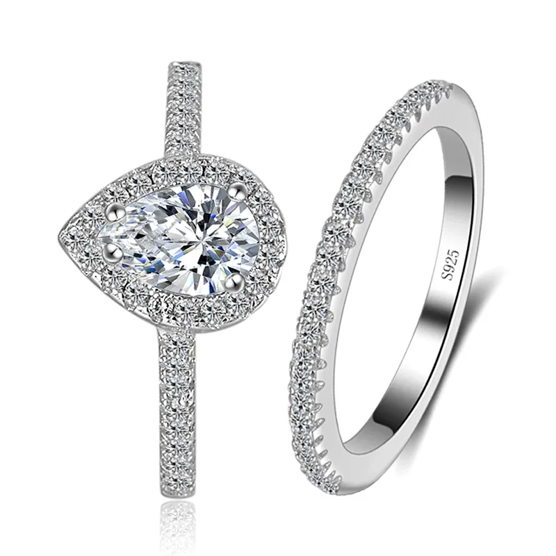 หรูหรา5A CZ น้ำหยดรูปร่างหมั้นแหวนแต่งงานเจ้าหญิงสีขาวสีชมพูหินผู้หญิงแพลทินัมชุบแหวนขายส่ง