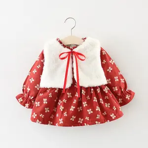 Hao vestido infantil de veludo, roupa infantil para crianças, meninas, colete de pele, espessamento de flores, duas peças, vestido de inverno 2022