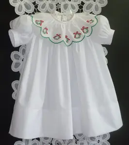 Girls Christmas High Yoke Float Dress with Slip Baby White Embroidery Holiday Dress