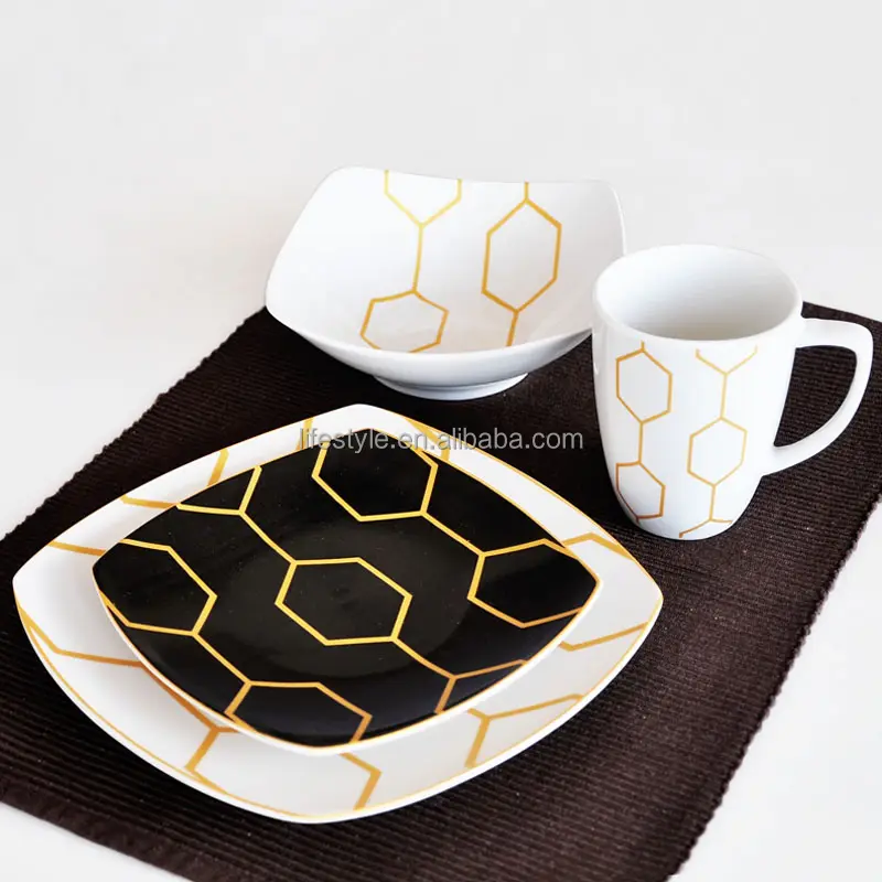 16Pcs Porselein Vierkante Vorm Diner Set, Keramische Servies Set Met Gold Decal Printing