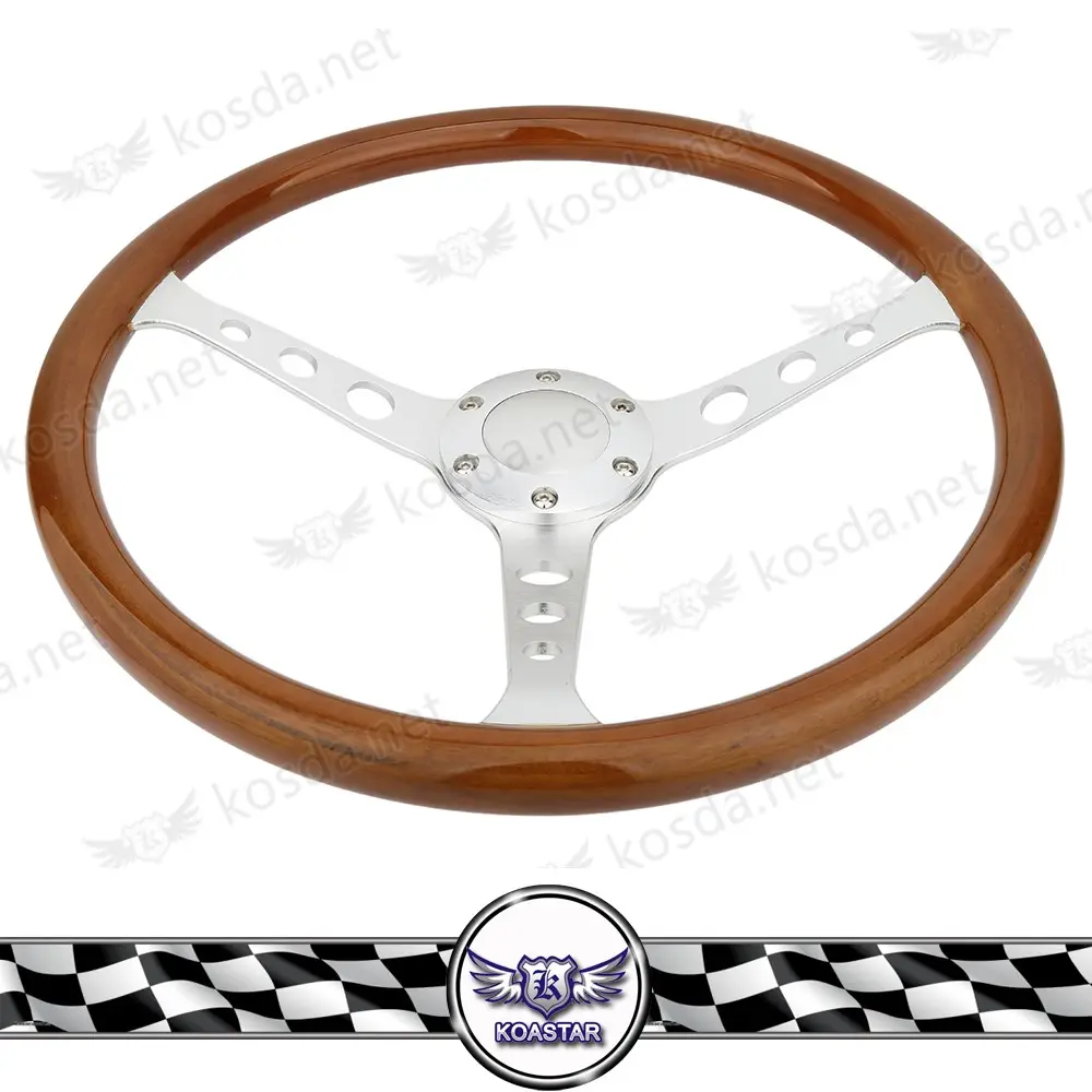 Volante de madera plano de 6 pernos remachado clásico de 380mm para coches antiguos con temporizador