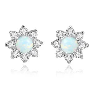 CZCITY Elegant Trending Earing Woman Bling Shiny Jewelry Korean 925 Sterling Silver Cz Opal Flower Earring Stud