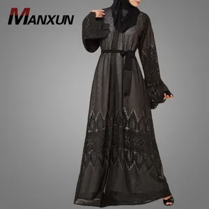 黑色刺绣蕾丝abaya迪拜风格马克西连衣裙长袖abaya伊斯兰服装穆斯林女性和服开衫