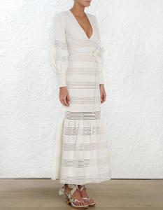 Goccia Hem Gonna Arricciata Scava Fuori Bianco Midi Abiti abiti Con Scollo A V delle signore delle donne - Product Image 3