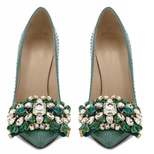 Escarpins sexy à talons hauts pour femmes-Cuir de serpent vert avec décoration en diamant, OEM/ODM disponible - Product Image 4