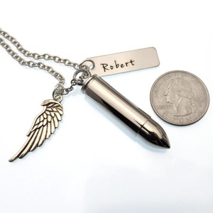 Large Bullet <strong>Angel</strong> Wing Charm Initial Necklace Cremation Jewelry Keepsake Pendant Memorial for Ashes <strong>Funnel</strong> Filler Kit - Product Image 1