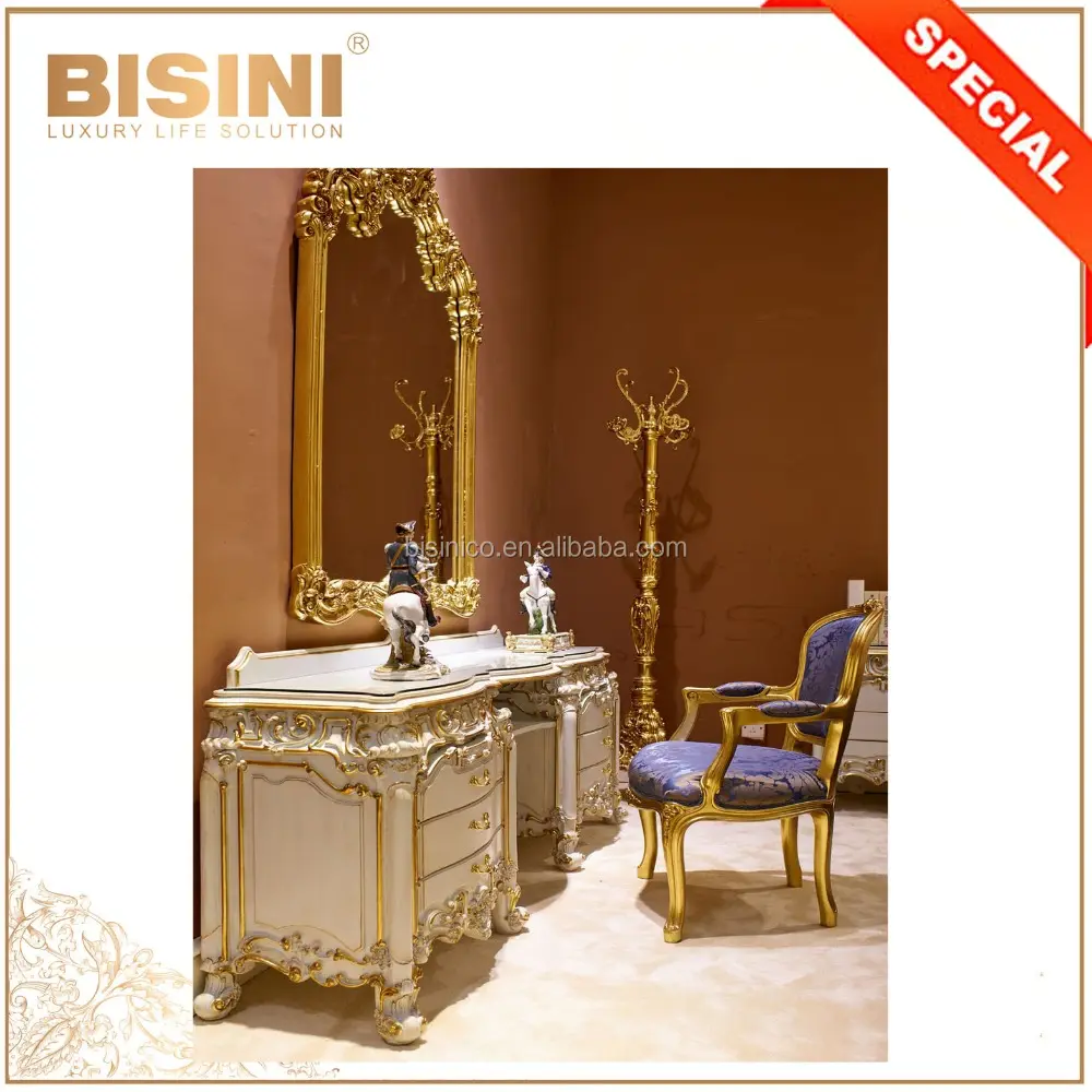 Europäischen Royal Palace Stil Schlafzimmer Möbel Dressing Tisch Spiegel Set, Antike Gold Trim Weiß Fleck Eitelkeit Tisch Set