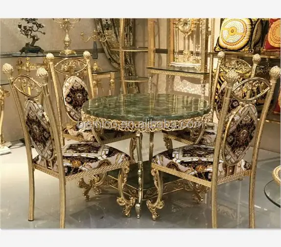 Noble Verguld Bronzen Eetkamer Meubels Set, 24 K Vergulde Eettafel Met Decoratieve Brons Arm Side Stoel