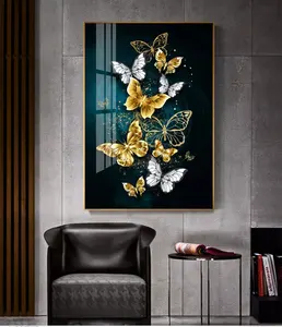 Toptan el işi cam kristal porselen resimleri altın kelebek özel duvar sanatı hayvan baskı tablo