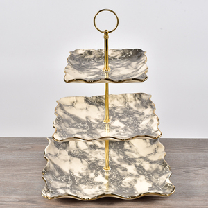 Unique 3 Tier Hotel Restaurant Used Ceramic Dessert Plate / Party Wedding Decoration Black <strong>Marble</strong> <strong>Cake</strong> <strong>Stand</strong> with Gold Rim - Product Image 2