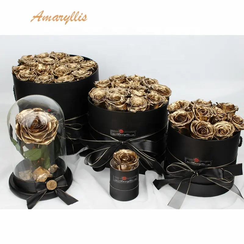 Amaryllis Wholesale Long Lasting Everlasting Preserved Roses in Gift Box Forever Gifts gold golden flowers round