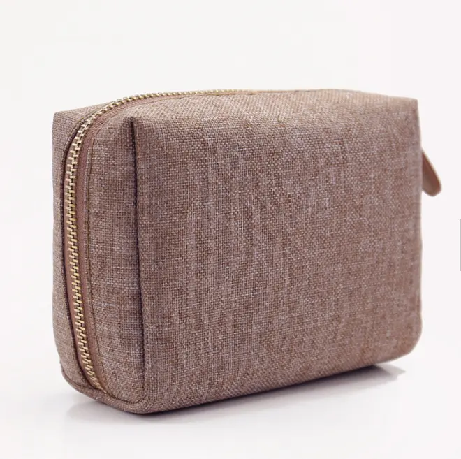 Small Linen makeup pouch zipper custom printed men travel toilet jute cosmetic bag for travel