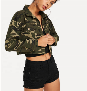 Nuovo Design personalizzato <span class=keywords><strong>di</strong></span> <span class=keywords><strong>marca</strong></span> <span class=keywords><strong>di</strong></span> abbigliamento moda <span class=keywords><strong>donna</strong></span> Camo Denim giacca Crop all'ingrosso - Product Image 3