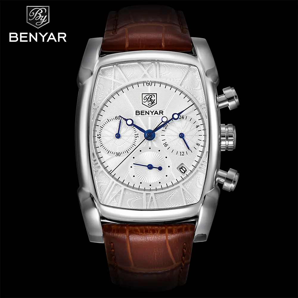 인기있는 새로운 도착 큰 다이얼 가죽 스트랩 서양 뜨거운 판매 Benyar 광장 모양의 비즈니스 남자 손목 시계