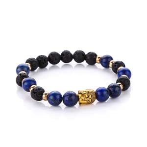 Buena calidad púrpura azul turquesa piedra volcánica negra con sonrisa de oro Buda cabeza pulseras - Product Image 1