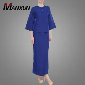 Düz Koyu Mavi Baju Kurung Parlama Kollu Malezya Kebaya Gevşek Müslüman Elbise Yuvarlak Boyun Baju malayu Basit İslam Giyim