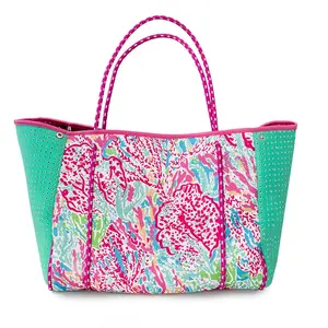 Sacola de aquarela coral de neoprene personalizada, bolsa de praia grande corda, alça de neoprene personalizada para mulheres, compras