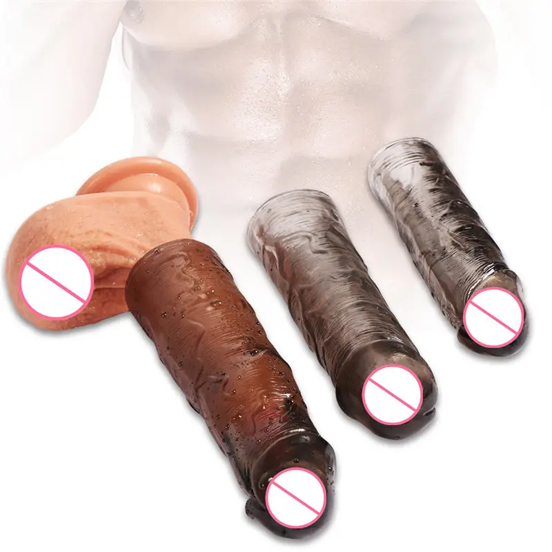 짜임새 남근 연장 콘돔 명확한 까만 실리콘 남근 소매 3 크기 신축성 증량제 확대 삽입 장난감
