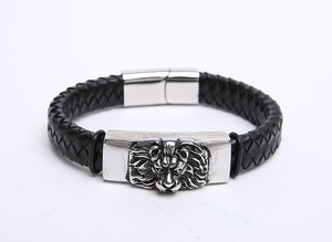 Moda de acero inoxidable de cuero genuino de la cabeza <span class=keywords><strong>del</strong></span> león hombres pulsera de cuero trenzado brazalete - Product Image 3