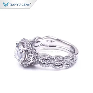 Tianyu gemme personalizzato rotondo cuore e freccia cut moissanite anello nuziale in oro bianco set