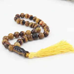 12mm Natural piedra de ojo de tigre de Tasbih Alá Mohammed 33 cuentas de oración islámica Rosario collar