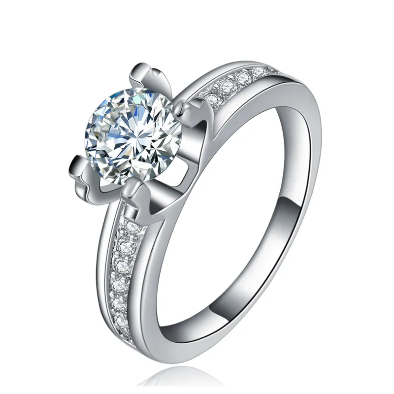 Top Quality Classic Cubic Zirconia Wedding Ring With 4 Prongs Silver Color Austrian Crystals Full Size Wholesale R665