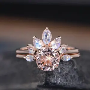 Grosir 925 Sterling Perak Perhiasan Rose Emas Plated Morganite Alami Moonstone Cincin Set