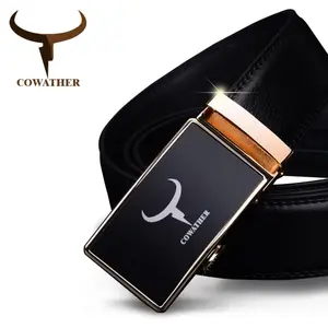 COWATHER − ceinture en cuir de vache véritable pour hommes, accessoire à la mode, fermoir automatique, en alliage or et argent, sangle noire, nouvelle collection 2019