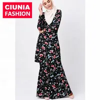 CMJ17 # Baju Kurung dan Baju Abaya, Baju Kurung Modern 2019 Desain Abaya Terbaru Modis Elegan Lengan Panjang Motif Bunga Jilbab Abaya
