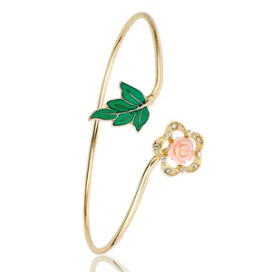 New design Brass Metal Resin Rose Flower Green Leaf Open Bangle Bracelet For Women