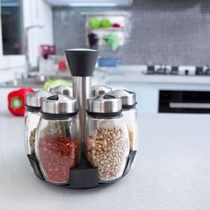 7pcs/set Glass Jars <strong>Rotating</strong> <strong>Spice</strong> <strong>Rack</strong>, Salt and Pepper Cruet, Seasoning Shelf Bottle Cooking Tools - Product Image 2