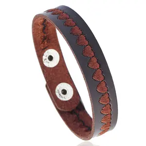 New Trendy Black Brown Heart Embroidered Men Leather Bracelet Punk Style Wrap Button Vintage Bracelets & Bangle Women Male