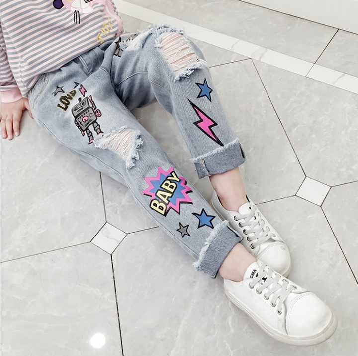2019 New Kid Girl Cartoon Printed Distressed Jeans Fashion