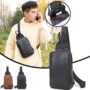 Mode Groothandel USB Opladen Messenger Satchel Tas met Enkele Riem Custom Outdoor Leisure Sling PU Lederen Mannen Sling Bag