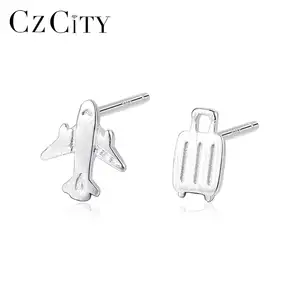 CZCITYスターリングシルバー925スタッドイヤリング女性ブラッシュドエアクラフト & トランクデザインイヤリングジュエリー