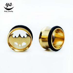 Vergoldeter Edelstahl-Körpers chmuck Single Flare Tunnel Plugs Gummi Hohl schläger Hochzeit Verlobung Vergoldetes Piercing - Product Image 2