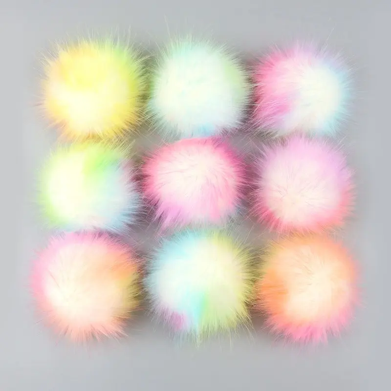 Rainbow Gradient fluffy pompom with Snap Shoes Hat Handbag Charms DIY Accessories Fur Ball Rabbit Fur Pompoms Faux Fur Pompom
