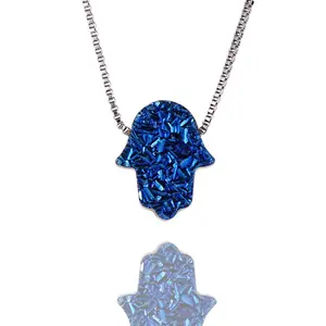 Wholesale Fashionable Gold plated Long Chain Hamsa Shape Charms Natural Crystal Druzy Stone Pendant Necklace for Women Jewelry