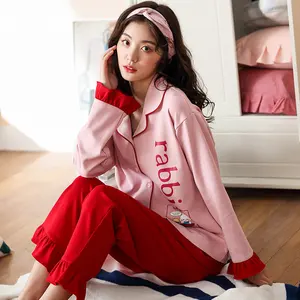 Kızlar için 2019 kadın pijama yeni pamuklu rahat yuvarlak boyun çizgili Organik Pamuk Pjs ev giysileri