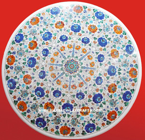<b>White</b> <b>Round</b> Marble Inlay Coffee <b>Table</b> Top - Product Image 1