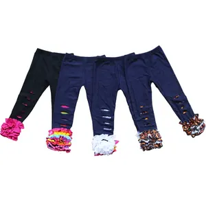 Ocidental Meninas Do Bebê Calças Atacado Crianças Boutique Primavera Buraco Quebrado Denim Plissado de Confeiteiro Glacê Leggings