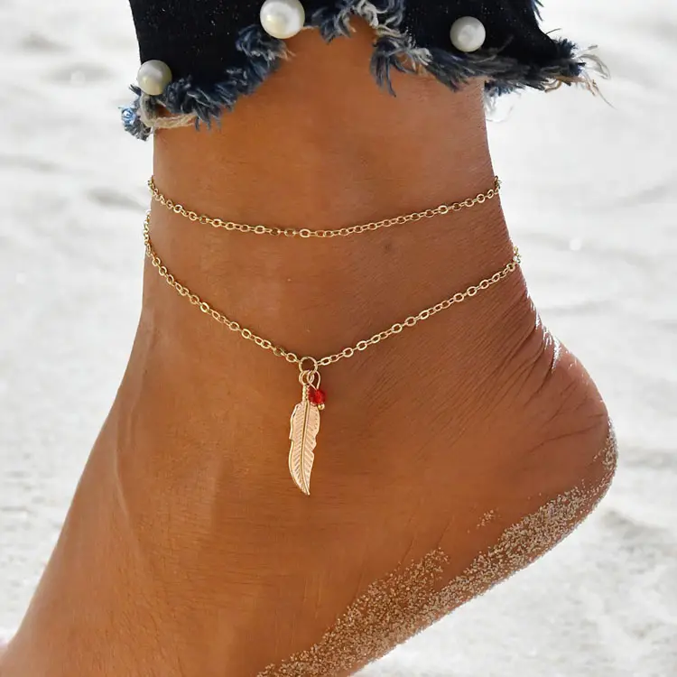 fashion anklet foot jewelry women boho beach feather leaf charm gold plated anklets