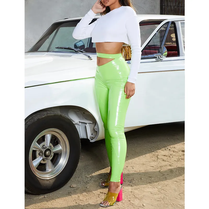 Neongrün PU aus geschnitten Vinyl Frauen lange hohe Taille Röhren hose Club Hose