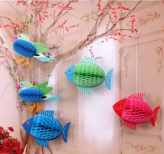 decorative Fish and birds lantern, colorful paper honeycomb ball bar, birthday, wedding decoration
