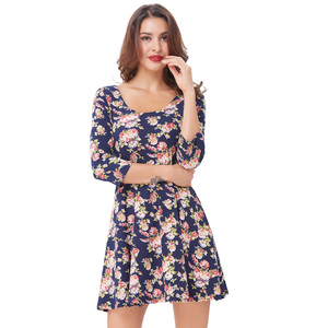 BP Donne Elegante Stampa Floreale <span class=keywords><strong>Manica</strong></span> Lunga Scoop Neck Flare Dress Retro Vintage Floral Dress - Product Image 1
