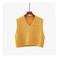 Débardeur tricoté sans manches pour femmes, vintage, col v, câble, taille haute, court, personnalisé, pull-over,